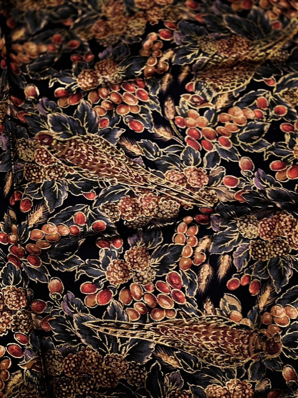 Ornate Bird & Berry Jacquard Fabric - Navy, Gold, Red